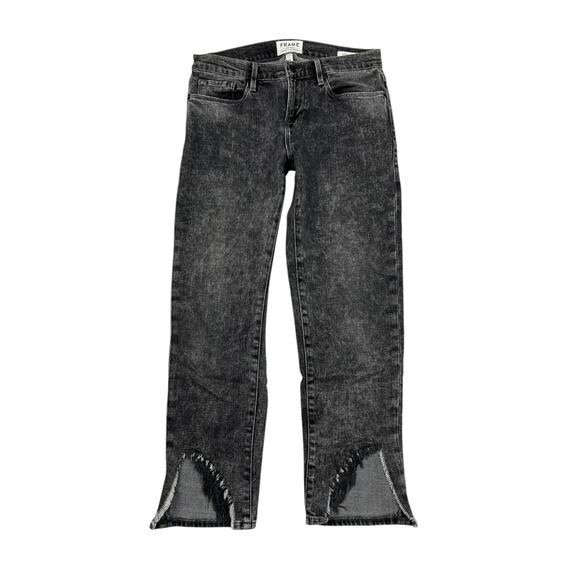 FRAME Le Garcon Crop Jeans Mid Rise Stretch Sharkbite Frayed Hem Black 25 - Picture 1 of 7